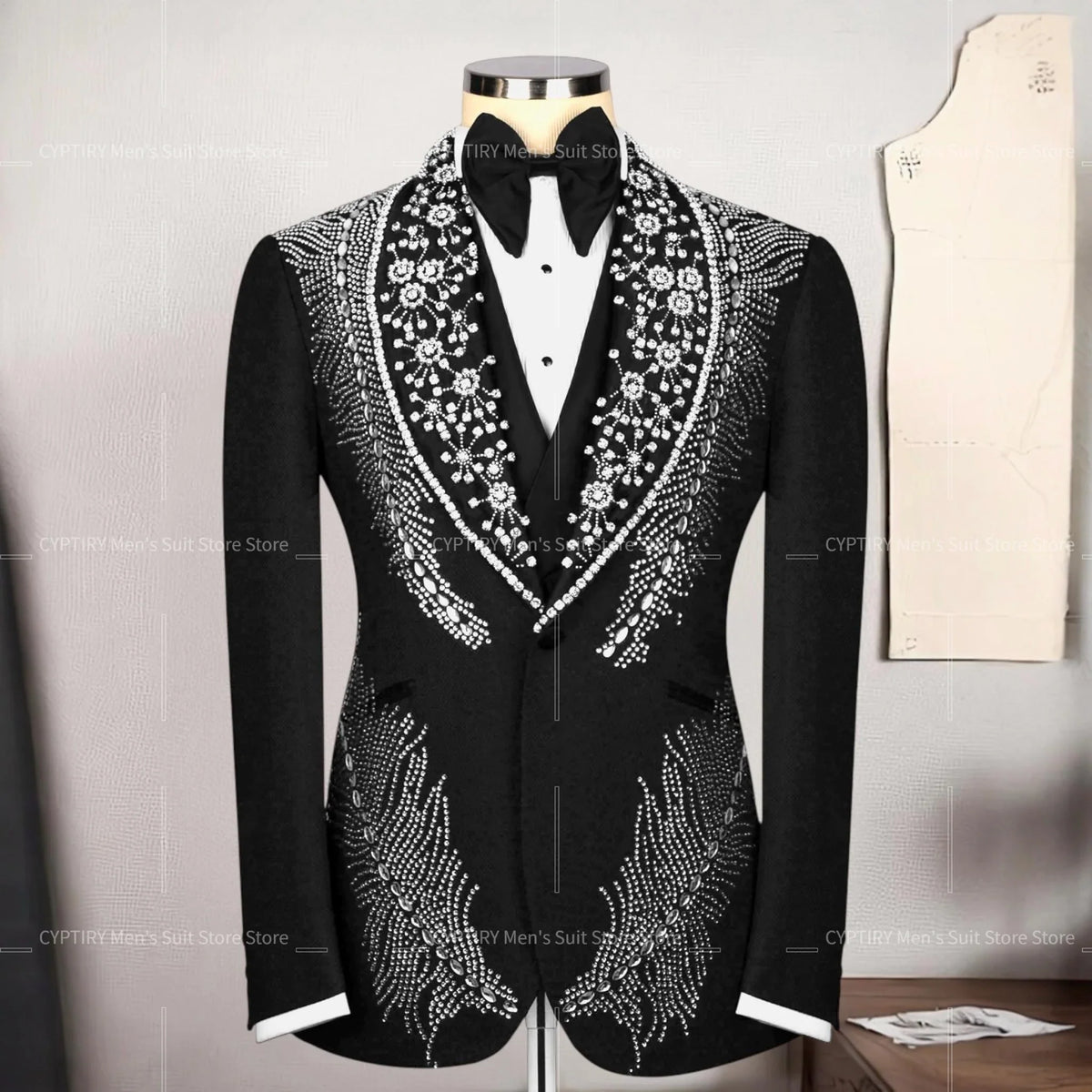 Suit For Man Black Custom Design, Wedding Crystal Embellished Tuxedo Set, Party Suit, Prom Men's Tuxedo, Stage Costume