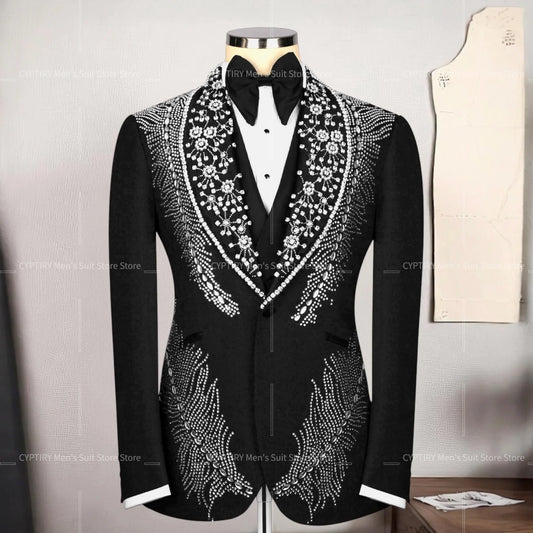 Suit For Man Black Custom Design, Wedding Crystal Embellished Tuxedo Set, Party Suit, Prom Men's Tuxedo, Stage Costume