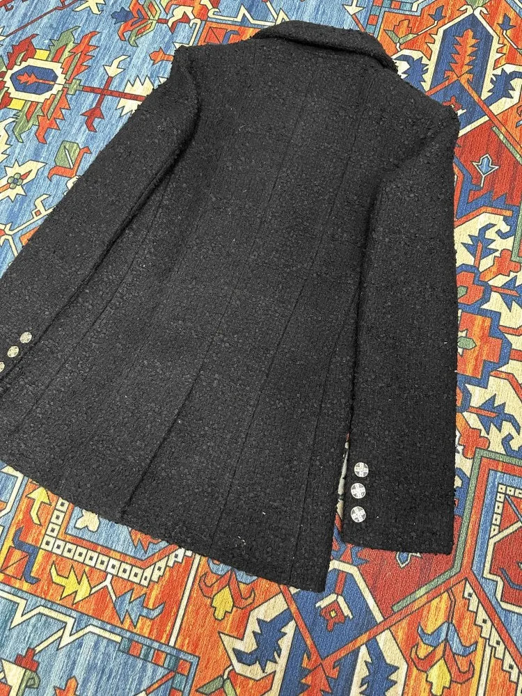 Double Breasted Office Ladies Elegant Black Tweed Jacket Mid Length Fashion Coat Spring Autumn Lapel Straight Women Suit Jacket
