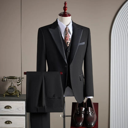 Men Suit Black 3 Piece Single Breasted With Bright Lapel For Wedding Groom Banquet Party Prom Business Work Jacket Vest Pants