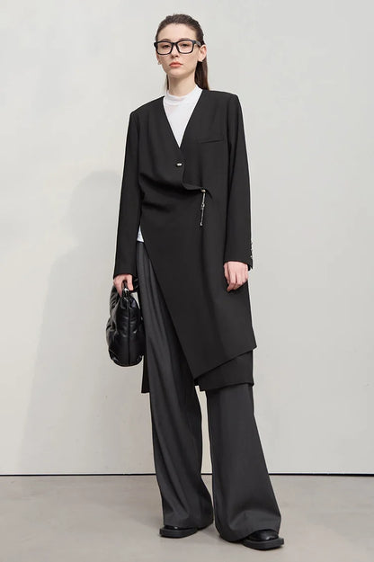 Long Women's Jacket 2025 Autumn New V-neck Metal Chain Blazer Women Long Sleeves Elegance Versatile Blazer Ladies 12553052