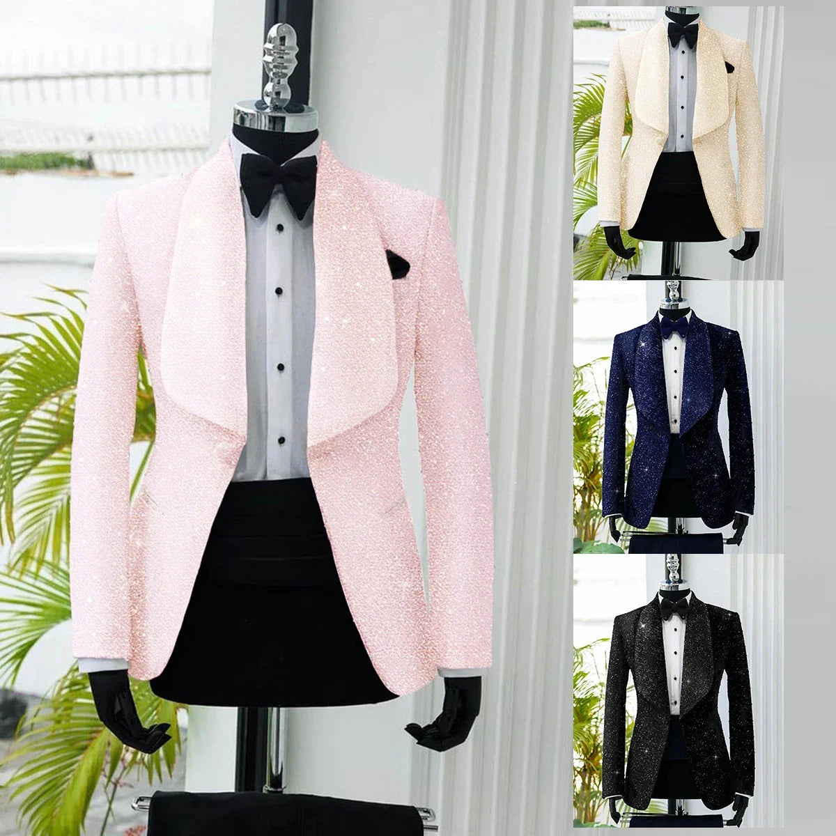 Men's Suit 2 Pieces Velvet Blazer Black Pants One Button Wide Lapel Business Beads Formal Work Wear Wedding Groom Costume Homme