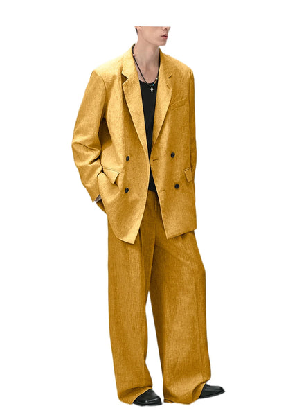 Men's Linen Double Breasted Suit – Slim Fit 2-Piece Blazer & Straight Leg Pants for Summer Weddings & Business