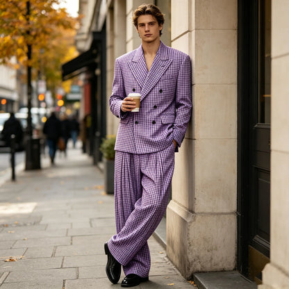 Men's Thin 2 Piece Suit Double Breasted Peak Lapel Blazer Wide Straight Leg Pants Summer Formal Set For Wedding Party