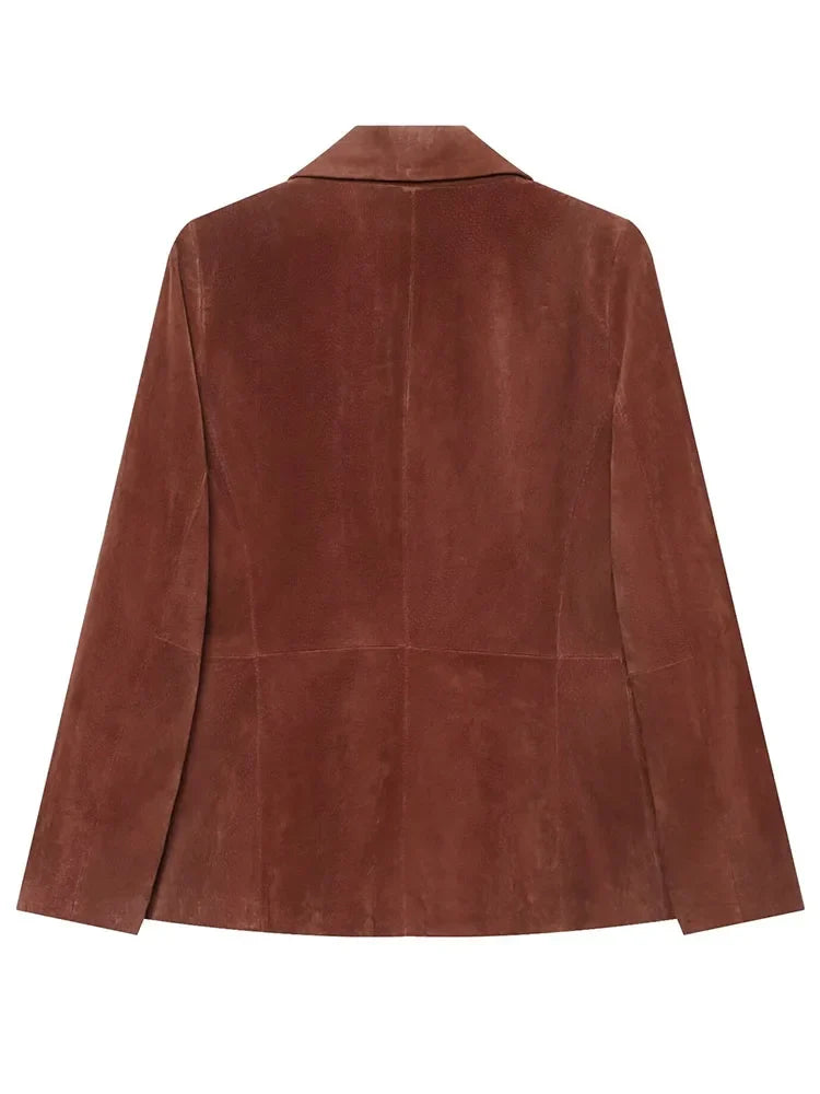 Vintage Women's Suede Texture Slim Blazer 2026 Autumn Double Breasted Lapel Suit Jacket Female Elegant Office Coat Outerwear