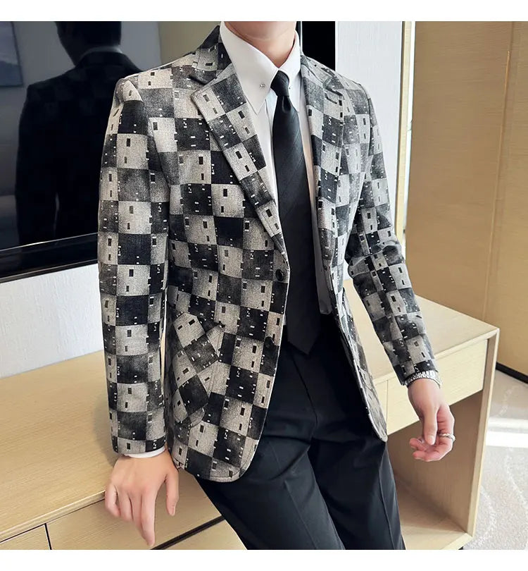 New High Qualitys Denim Jacquard Suit Jacket Men Slim Fit Business Social Formal Social Suit Coats Tailcoats Men Clothes 4XL-M