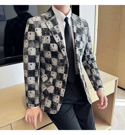 New High Qualitys Denim Jacquard Suit Jacket Men Slim Fit Business Social Formal Social Suit Coats Tailcoats Men Clothes 4XL-M