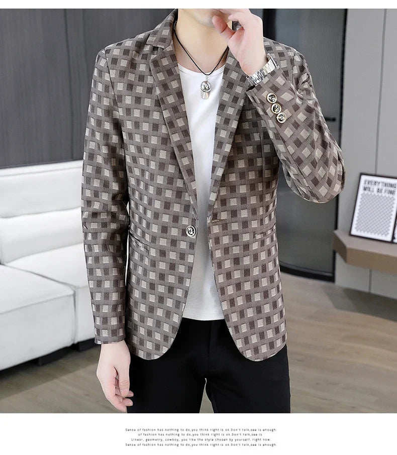 2026 Spring Autumn Men's Suit Jacket Korean Checkered Suit Jackets Slim Fit Fashion Casual Business Formal Blazers Costume Homme