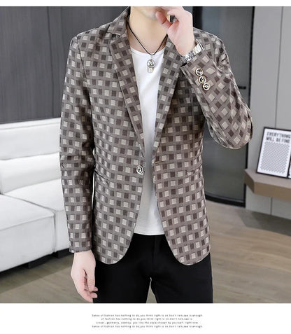2026 Spring Autumn Men's Suit Jacket Korean Checkered Suit Jackets Slim Fit Fashion Casual Business Formal Blazers Costume Homme
