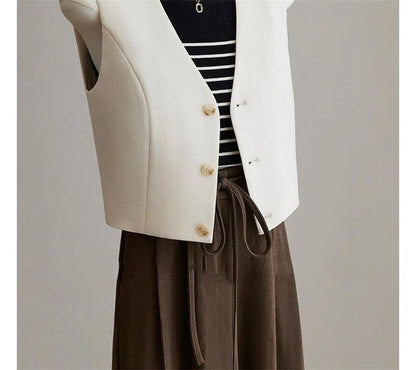 Women Fashion Leisure V-neck Lined Waistcoat Korean Female Short Suit Sleeveless Spring Autumn Lady Solid Color Blazer Vest Tops
