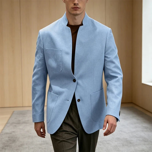 Men's Linen Blazer – Stand Collar Slim Fit Jacket for Business, Casual & Wedding