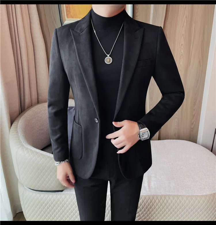 2024 Autumn Winter Men's Suede Suit Jacket High End Business Casual Blazers Slim Fit Wedding Groom Street Wear Social Dress Coat