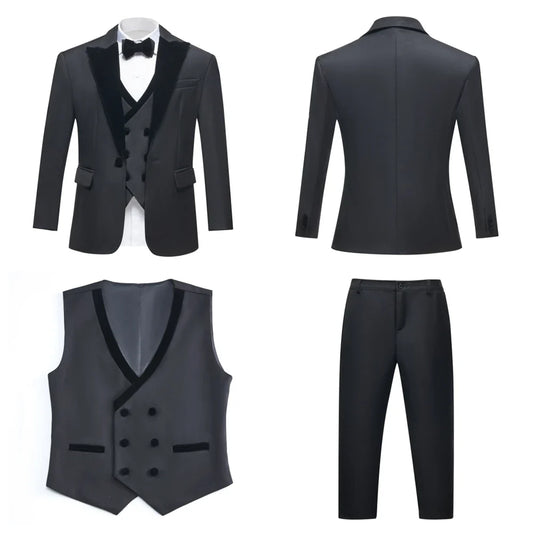 Boys 4-Piece Formal Suit Set with Velvet Collar Blazer, Vest, Pants & Bow Tie — Wedding & Homecoming