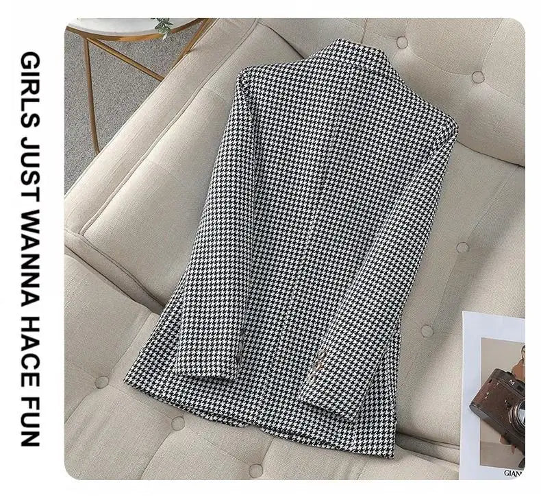 Women Office Ladies Single Breasted Slim Blazer Coat Autumn Winter Fashion Plaid Temperament Long Sleeved Elegant Tops Vacation