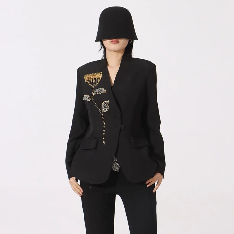 Spring Autumn New Women Blazer V-neck Single Breasted Beaded Flower High-End Slim Fit Elegant Fashion Tide Ins Coat HK16437