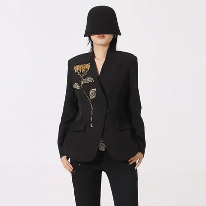 Spring Autumn New Women Blazer V-neck Single Breasted Beaded Flower High-End Slim Fit Elegant Fashion Tide Ins Coat HK16437