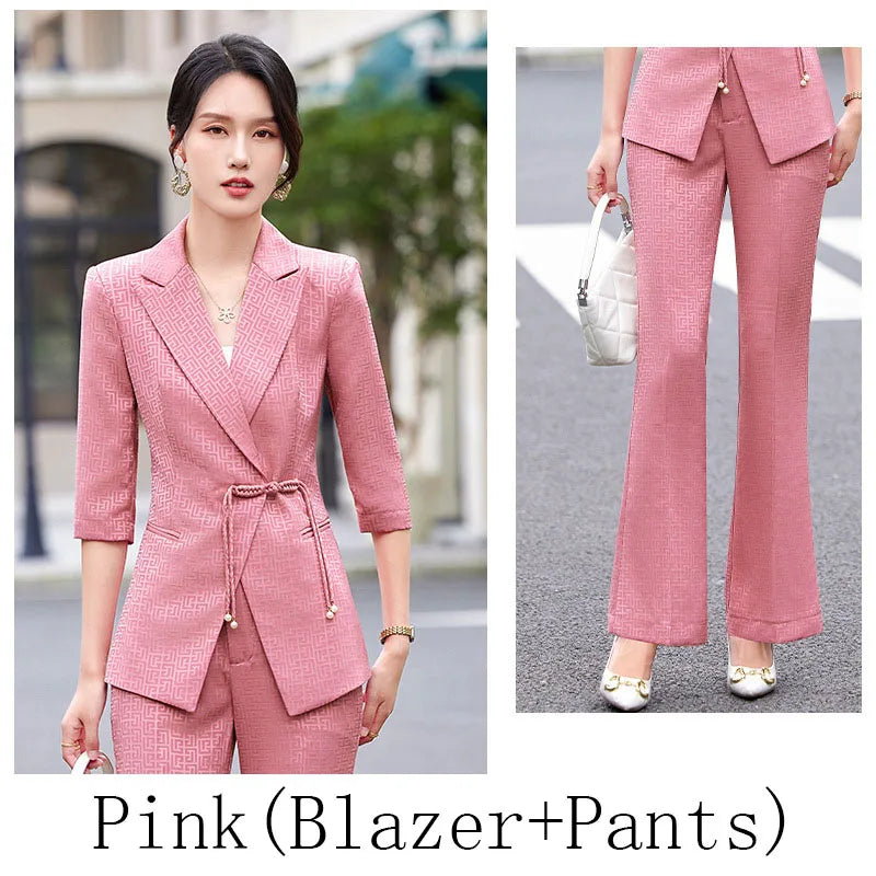 Chinese style Spring Summer Women Elegant Office Work Three Quarter Blazer Tops And Flare Pant Fashion Oversize Two Piece Suits