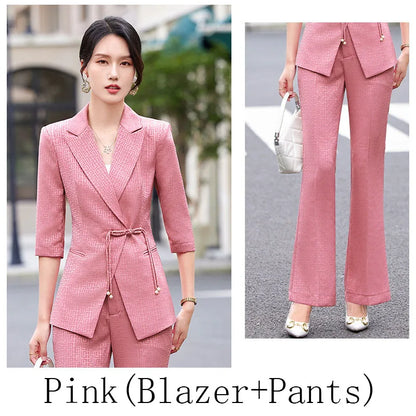 Chinese style Spring Summer Women Elegant Office Work Three Quarter Blazer Tops And Flare Pant Fashion Oversize Two Piece Suits