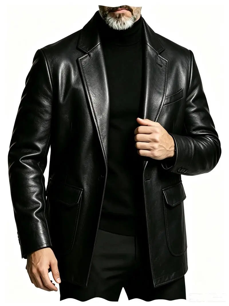 Men's PU Leather Blazer Single Breasted Slim Fit Notched Collar Suit Jacket Motorcycle Sport Coat For Formal Business Party