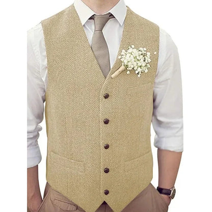Men's Vest Herringbone V-Neck Single Button Waistcoat for Wedding, Business & Casual Wear