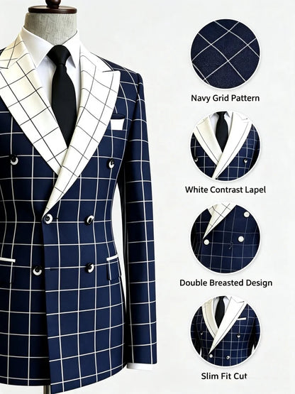Men's Contrast Double Breasted Business Blazer Check Peak Lapel Slim Fit Suit Jacket Wedding Fashion Party Formal Outerwear