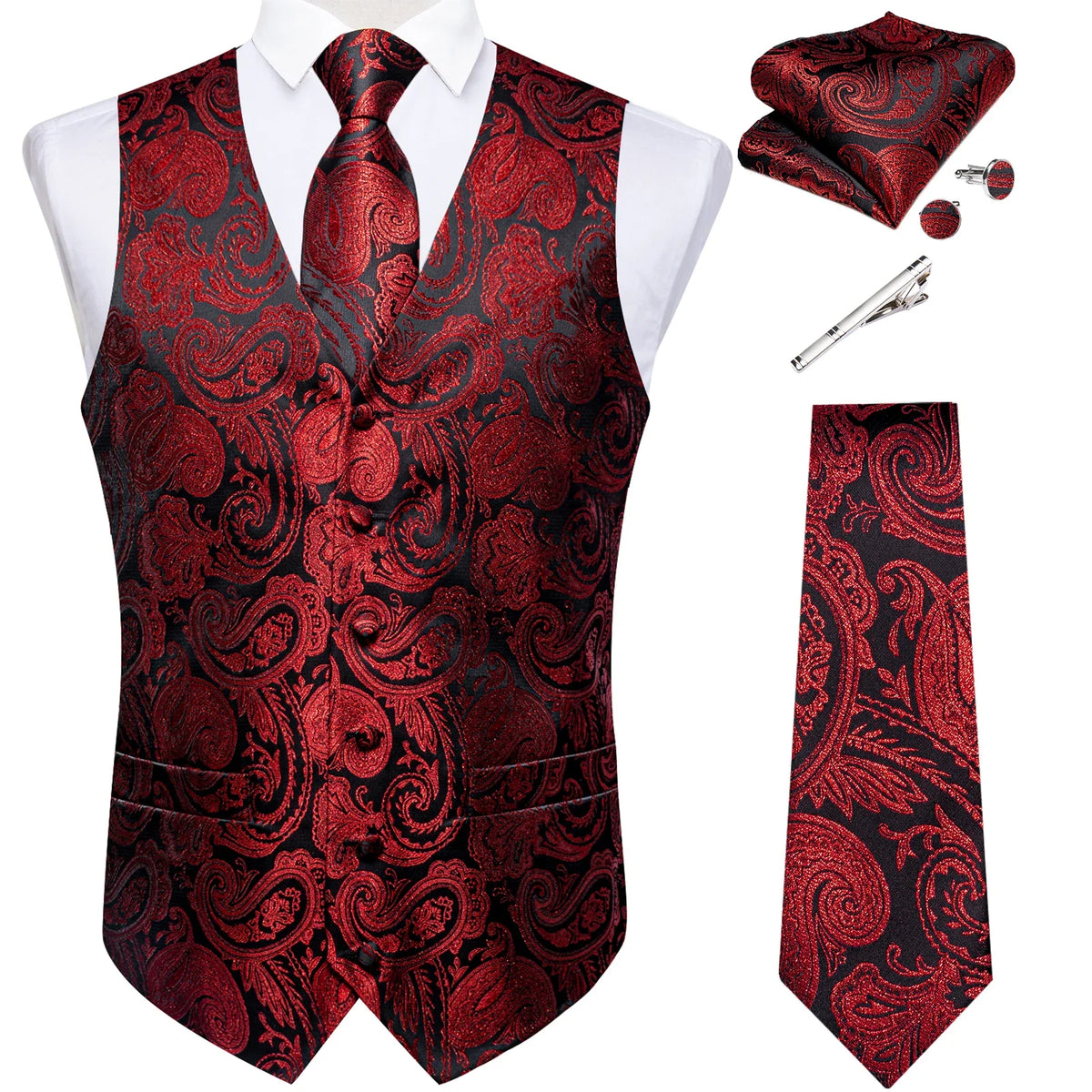Men's Suit Vest Set with Tie, Handkerchief & Cufflinks for Wedding & Banquet