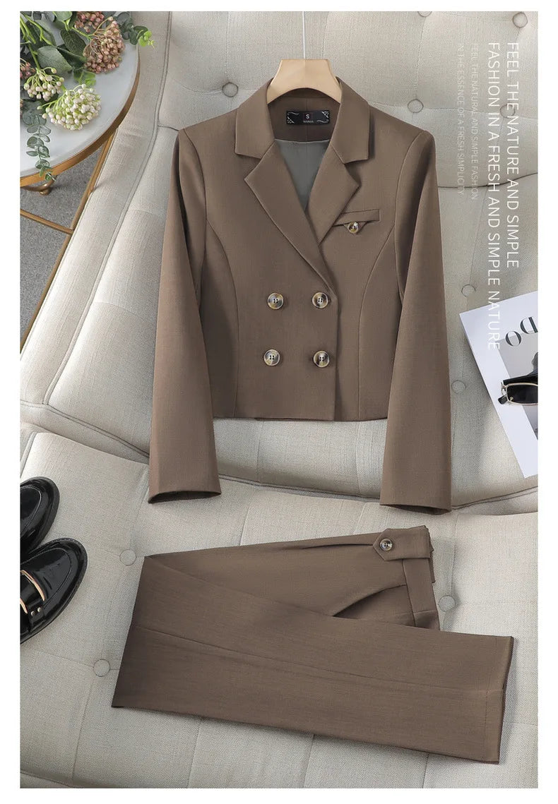 Blue Suit Women 2024 New Spring High End Fashion Temperament Professional Short Blazer And Pants Sets Office Ladies Work Wear
