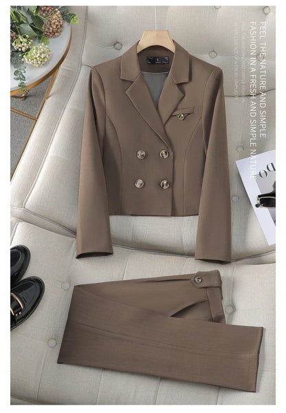Blue Suit Women 2024 New Spring High End Fashion Temperament Professional Short Blazer And Pants Sets Office Ladies Work Wear