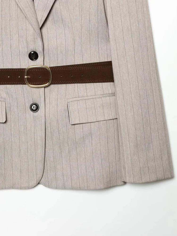 Women's Belted Stripe Blazer Jacket Structured Slim Suit Coat  Office Chic Long Sleeve Tailored Waist Belt Jacket Women
