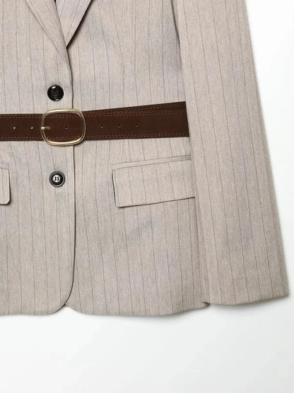 Women's Belted Stripe Blazer Jacket Structured Slim Suit Coat  Office Chic Long Sleeve Tailored Waist Belt Jacket Women