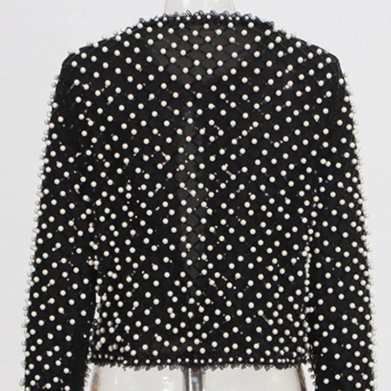 High Street Embroidered Flares Patchwork Mesh Jacket Long-sleeved O-Neck Slim-fit Pearl Jackets 2026 Women Coat 2026 New