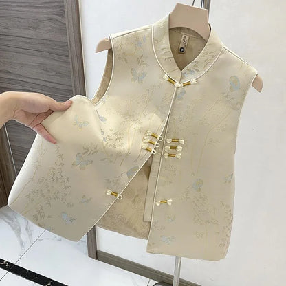 Spring Autumn Chinese Style Sleeveless Vest Coat For Women Stand Collar Jacquard Waistcoat Spring Summer Thin Lined Tank Tops