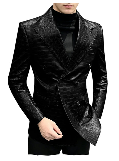 Men's Crocodile Leather Blazer Double Breasted Slim Fit Suit Jacket Formal Business Casual Sport Coat Wedding Party Streetwear