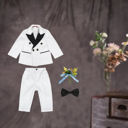 Children 3Pieces White Wedding Suit Kids Jacket Pants Botwtie Photograph Suit Flower Boys Birthday Tuxedo Party Dress
