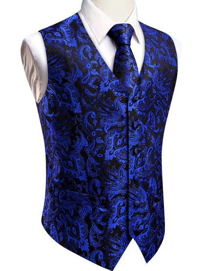 Men's Paisley Suit Vest Tie Set – Royal Blue, Red, Brown & Orange | Wedding & Business Waistcoat