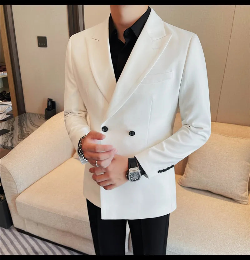 British Style Double Breasted Blazer Jackets Men High Quality Casual Business Suit Jacket Slim Business Wedding Groom Dress