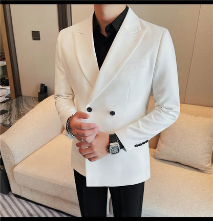 British Style Double Breasted Blazer Jackets Men High Quality Casual Business Suit Jacket Slim Business Wedding Groom Dress