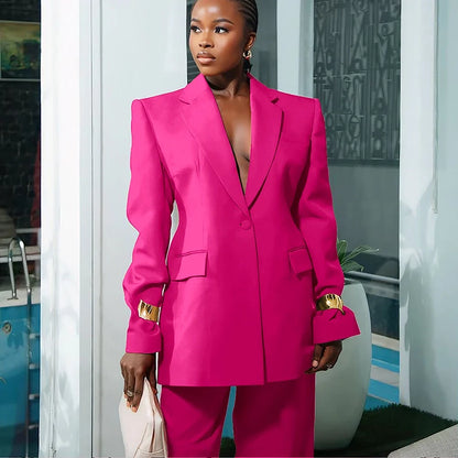 Elegant Women's Suit Autumn New Red Clothing Single Button Notch Lapel Blazer Pant Sets Formal Slim Fit Office Party Outerwears
