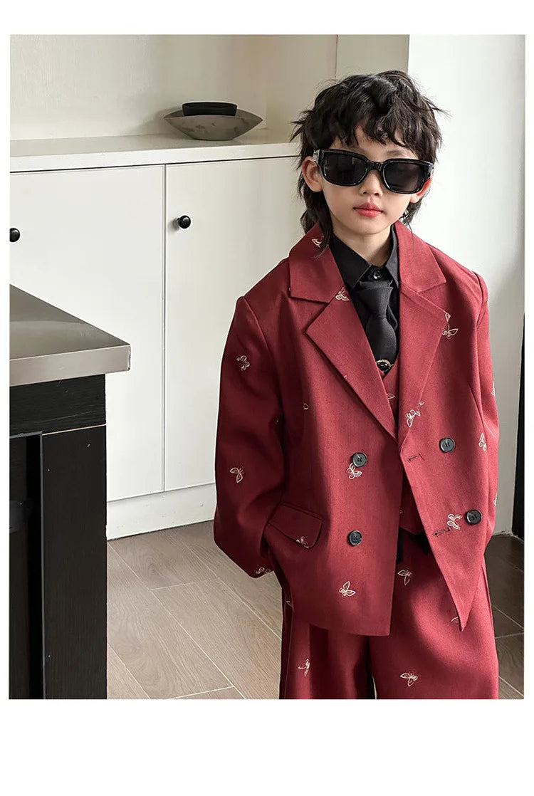 Boys Loose Blazer Jacket Waistcoat Pants Clothes Sets Kids Formal Dress  Suits Casual Child Toddler Party Butterfly Leisure Suit