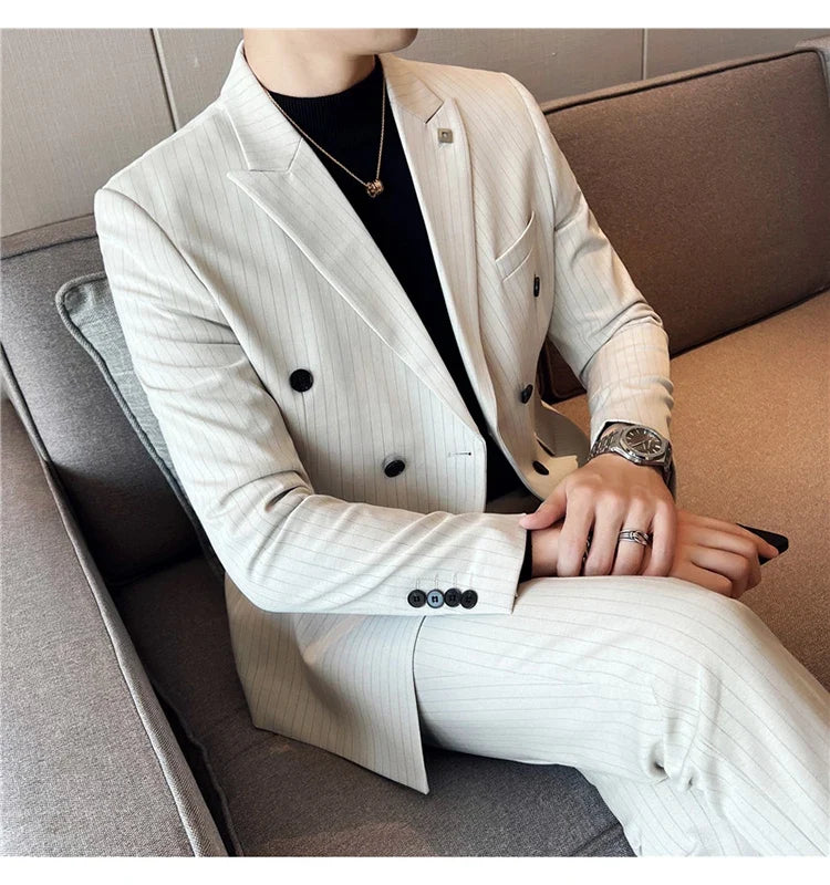 (Jacket + Vest + Pants)Three Piece Set Men Blazers Set stripe Suits Busines Casual Slim Fit Formal Dress Groom Tuxedo Wedding