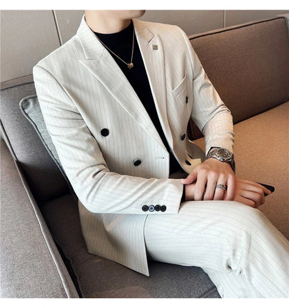 (Jacket + Vest + Pants)Three Piece Set Men Blazers Set stripe Suits Busines Casual Slim Fit Formal Dress Groom Tuxedo Wedding