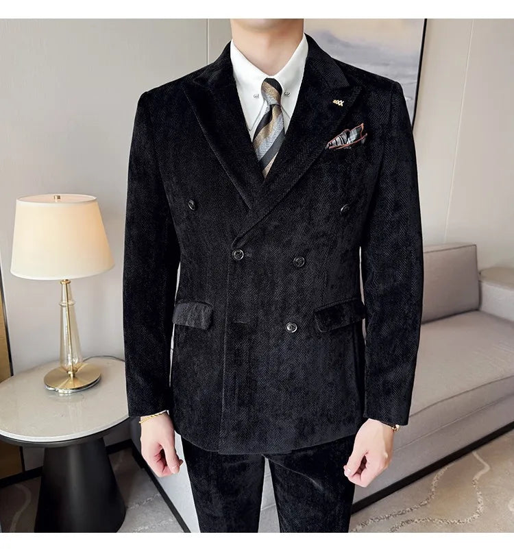 2025 Winter Woolen Men's Wedding Groom Suit Double Breasted Suit 3 Piece Set Business Casual Office Work Party Prom Dress Suits