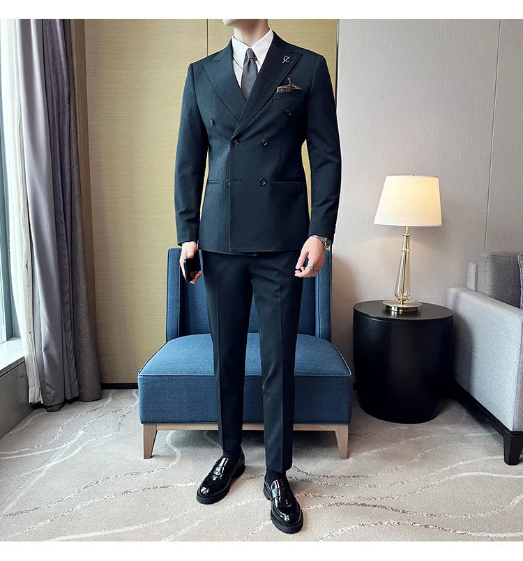 (Jackets +Pants ) Men's Suits 2 Piece High-Quality Double Breasted Lapel Solid Business Groom Wedding Tuxedo Banquet Clothing