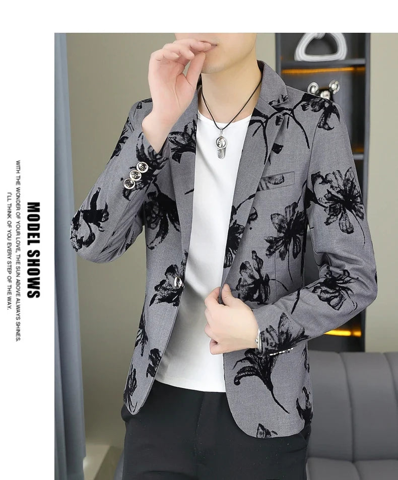 Blazer Men's Fashion Gentleman Business Outdoor Travel Print Wedding Slim-fit Korean Trend Handsome Youth Casual Blazer