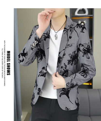 Blazer Men's Fashion Gentleman Business Outdoor Travel Print Wedding Slim-fit Korean Trend Handsome Youth Casual Blazer