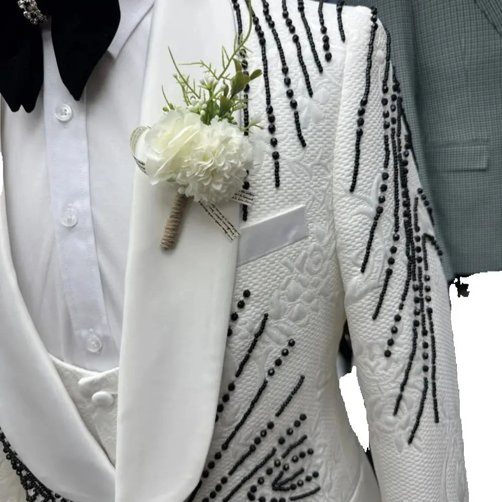 Newest Jacquard Beaded Single Breasted Tuxedo For Men Banquet Prom Wear Luxurious High Quality Men's Suits Wedding Groom Sets