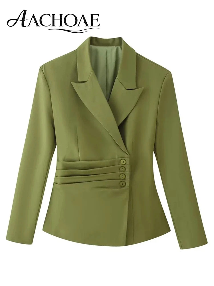 Women's Belted Waist Blazer Jacket Double Button Slim Suit Coat Long Sleeve Elegant Office Chic Minimalist Jacket