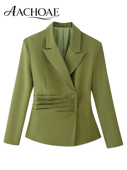 Women's Belted Waist Blazer Jacket Double Button Slim Suit Coat Long Sleeve Elegant Office Chic Minimalist Jacket