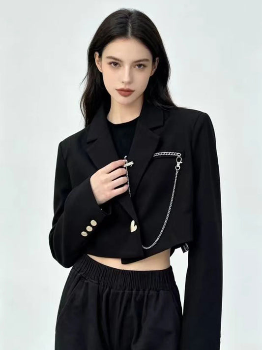 Women's Black Gothic Blazer Jacket Y2k Gyaru 2000s Vintage Dark style Long Sleeve Emo Outerwear Cropped Suit Coat Spring Autumn