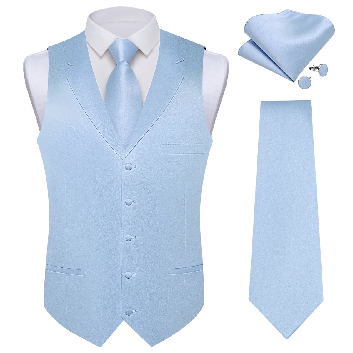 Men's Formal Vest Suit Set — Solid Color Waistcoat with Tie & Pocket Square for Weddings & Parties